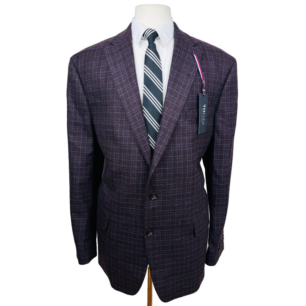 $375 NEW TOMMY HILFIGER MENS 46L MAROON/BLUE CHECK BLAZER SPORT COAT SUIT JACKET